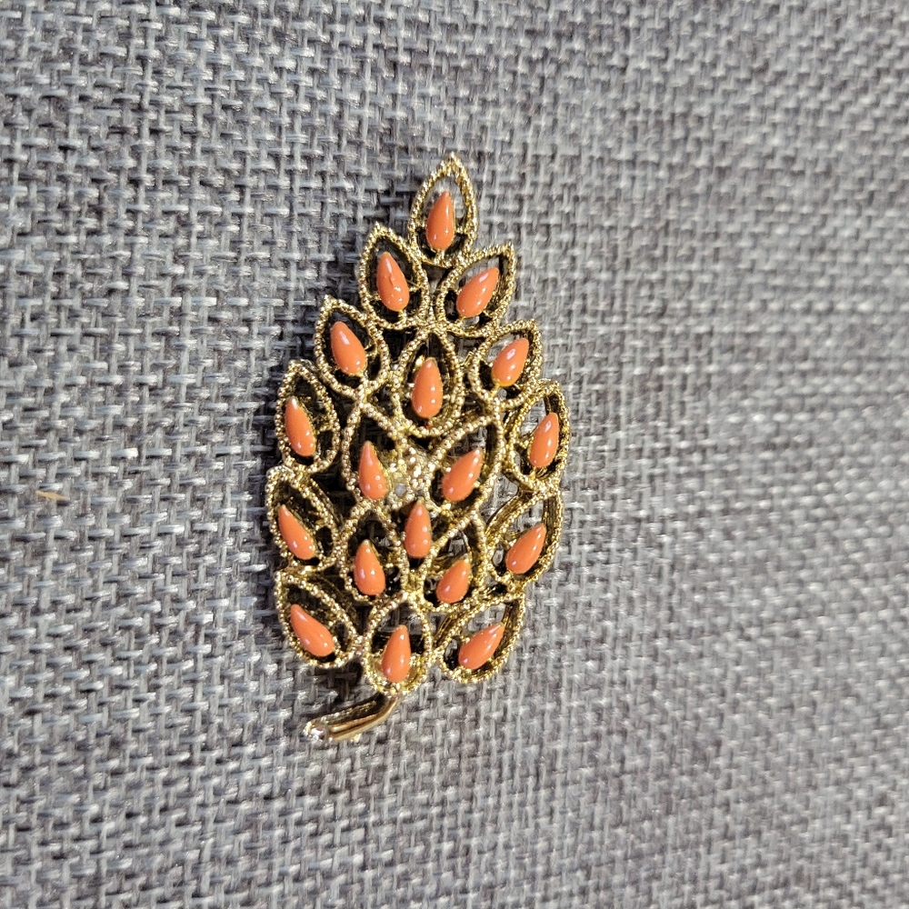 Elegant Gold and Orange Leaf Brooch